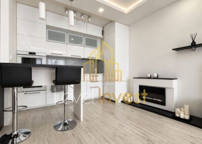 Apartament Young City Warszawa — kuchnia i biokominek