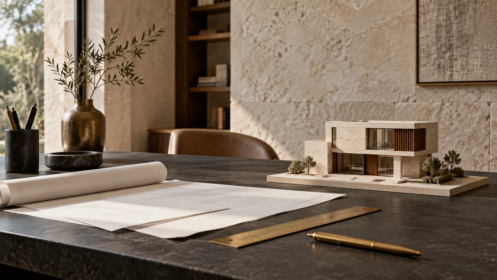 Model domu i materiały architektoniczne na biurku — ilustracja planowania zakupu nieruchomości.